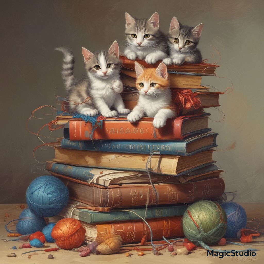 ai image of kittens on a pile of books with yarn