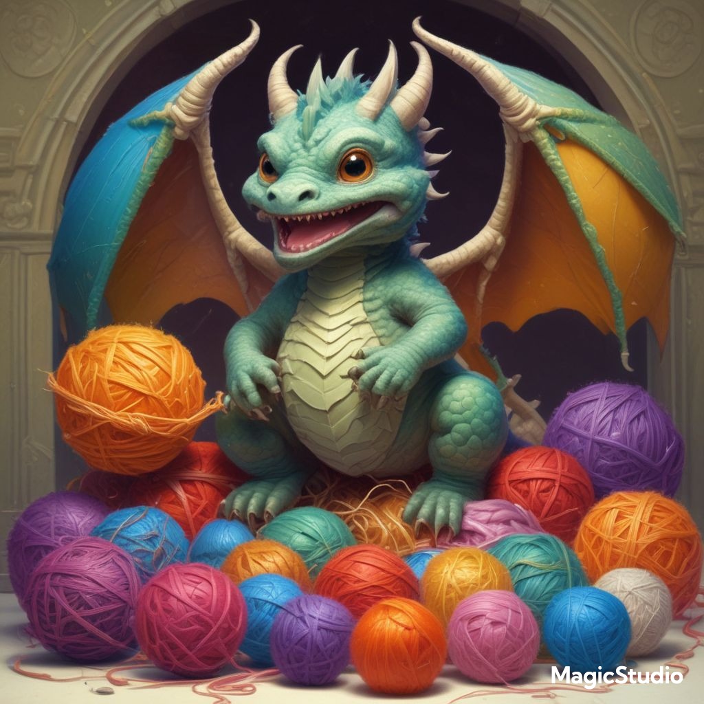 ai image of a dragon with yarn balls