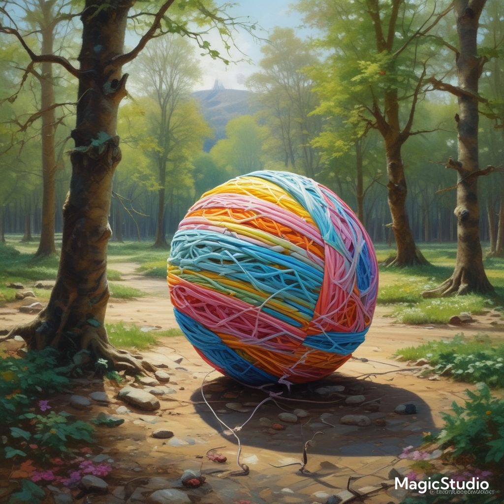 ai image of a giant ball of yarn in a woodland