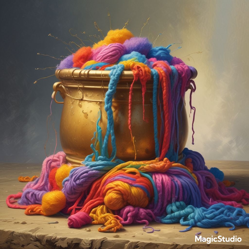 ai image of a yarn spilling out of a gold pot