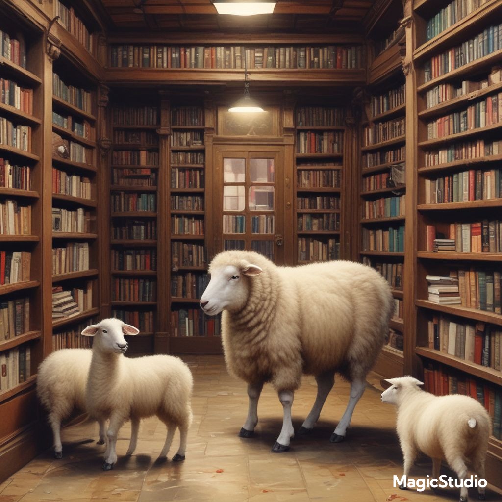 ai image of sheep in a bookshop