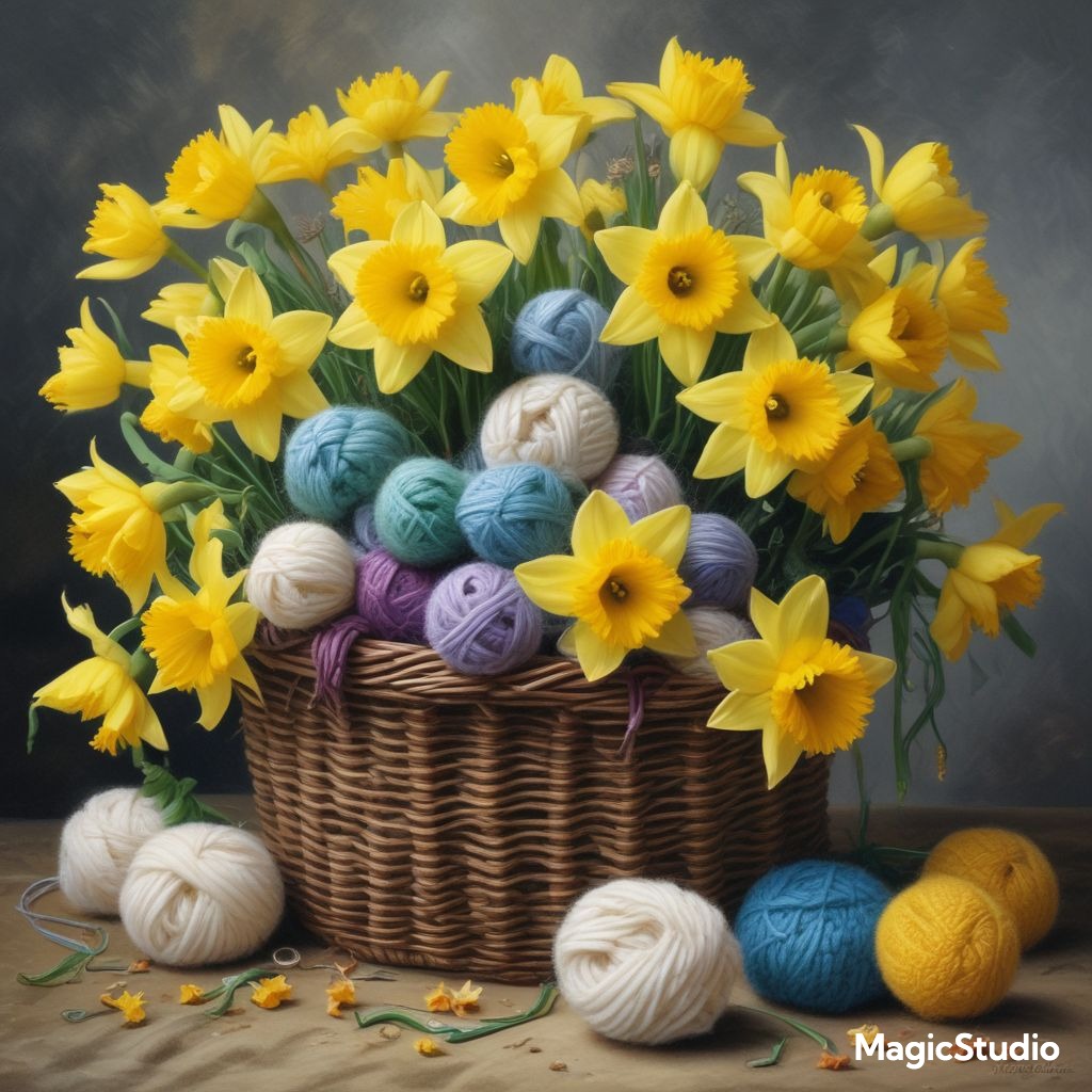 ai image of daffodils and yarn balls in a basket