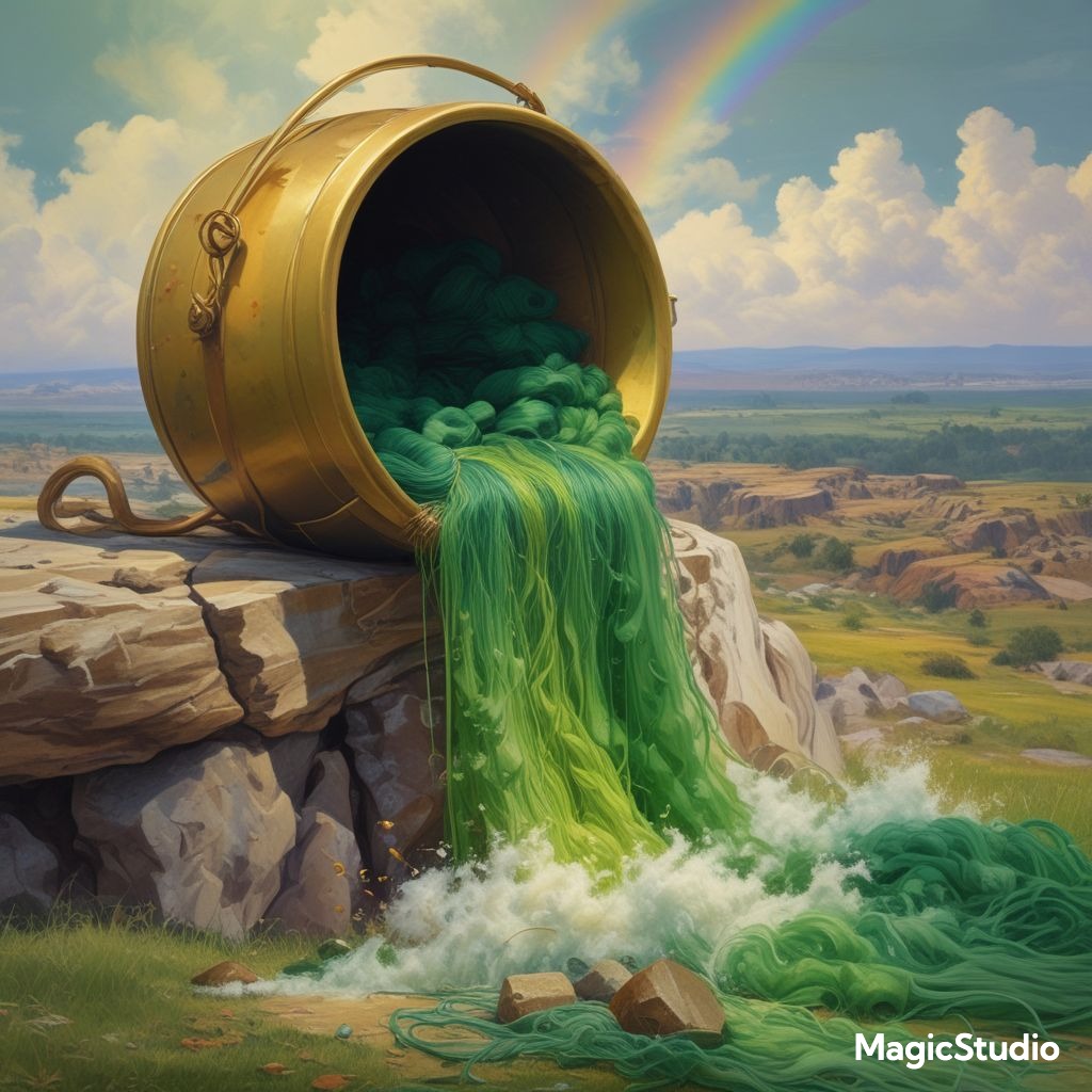 ai image of green yarn flowing out of a gold pot like a waterfall