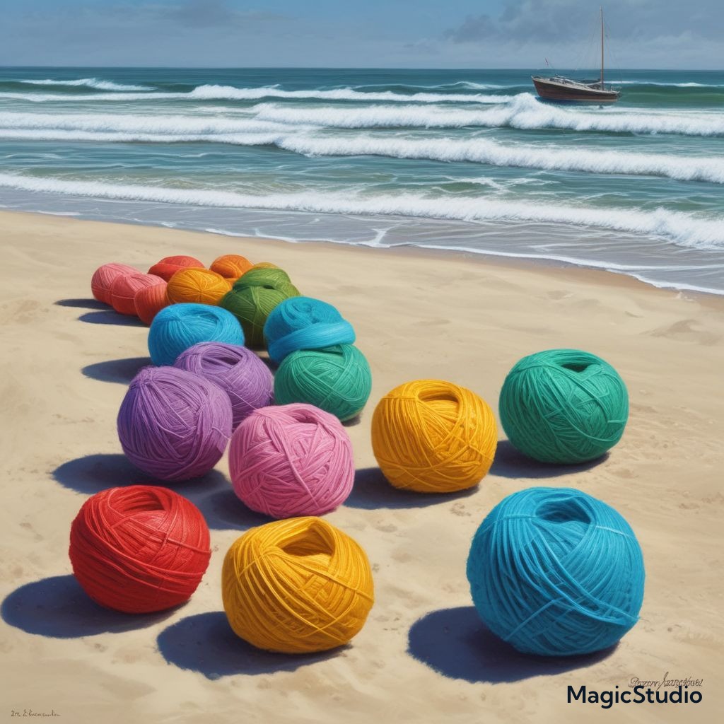 ai image of yarn balls on a beach